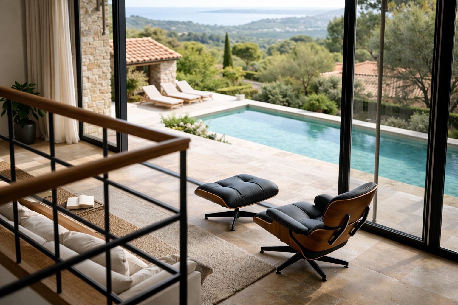 fauteuil eames dans une piece de vie dans une villa situee dans le sud de la France