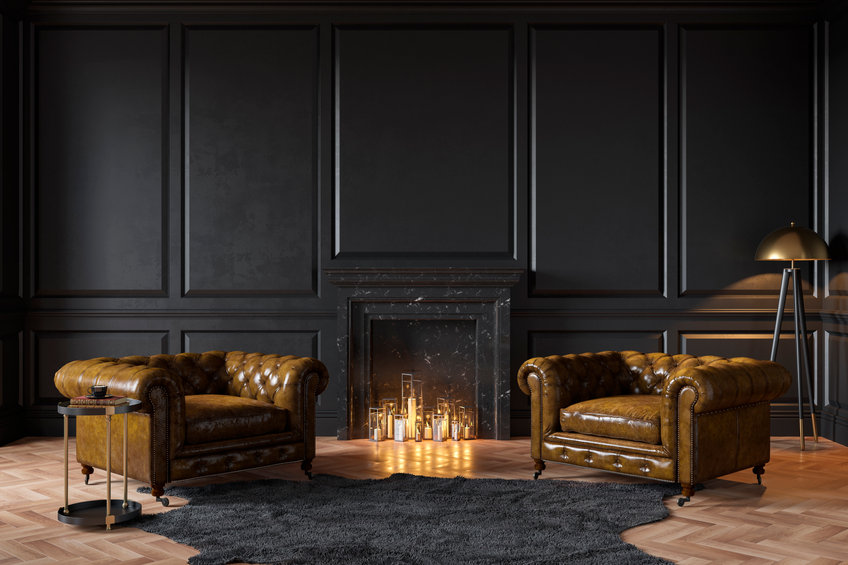 Black classic interior with fireplace, leather armchairs, carpet, candles. 3d render illustration mockup.