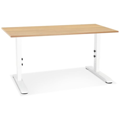 Bureau OSMOSE réglable : bois naturel, métal blanc – 140×70 cm.