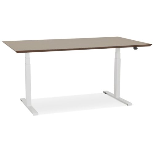 Bureau électrique BIONIK assis-debout, bois Noyer, métal blanc – 150×70 cm