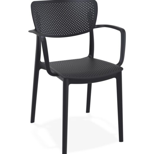 Chaise TORINA en plastique noir perforé – accoudoirs inclus