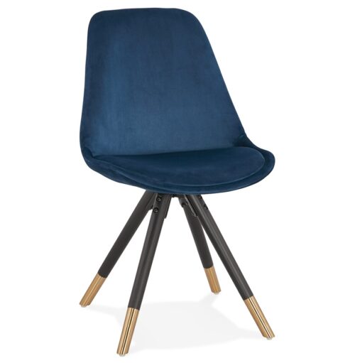 Chaise design HAMILTON velours bleu & bois noir