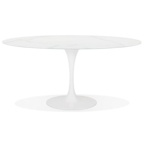 Table a manger ovale CHAMAN blanche en verre style marbre 160x105 cm 1