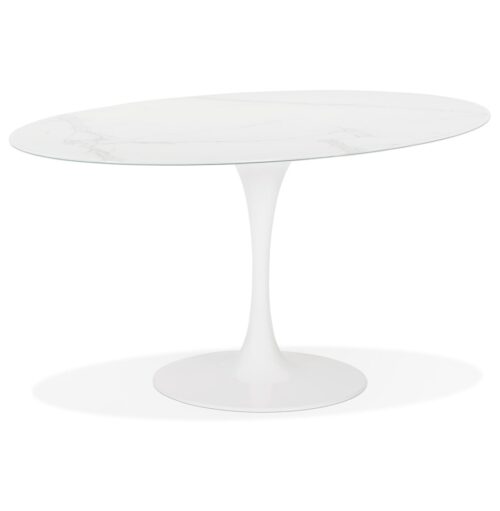 Table à manger ovale CHAMAN blanche en verre style marbre - 160x105 cm