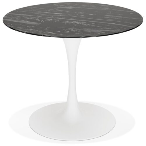 Table à manger ronde en verre noir effet marbre – 90 CM, pied central blanc