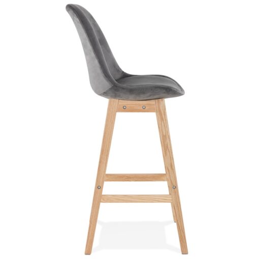 Tabouret de bar MORISS velours gris pieds bois naturel 2