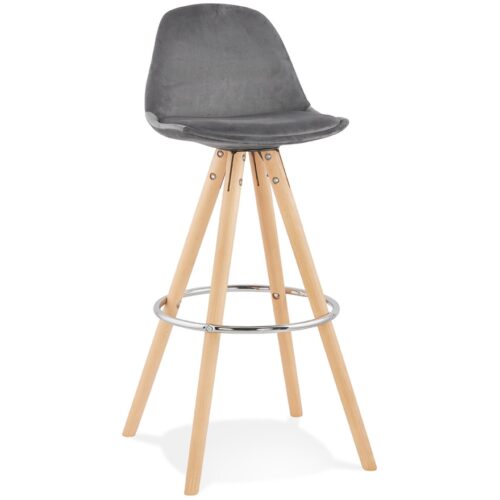 Tabouret de bar en velours gris SPIRIT – pieds bois naturel