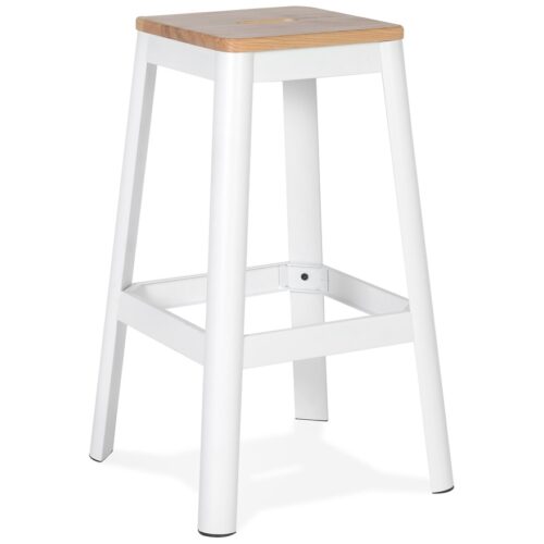 Tabouret industriel LIDYA métal blanc, assise bois