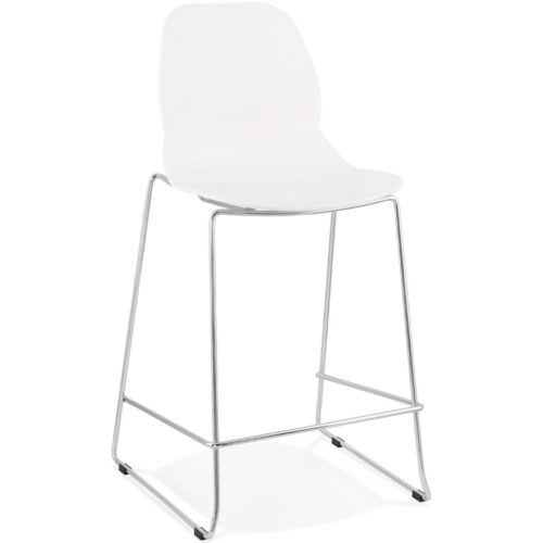 Tabouret snack BERLIN MINI blanc, mi-hauteur et empilable, pied métal chromé