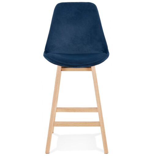 Tabouret snack MORISS MINI bleu velours pieds bois naturel 1