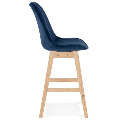 Tabouret snack MORISS MINI bleu velours pieds bois naturel 2