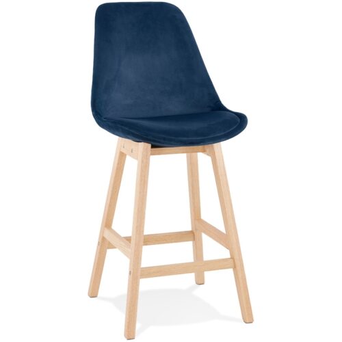 Tabouret snack MORISS MINI bleu velours & pieds bois naturel