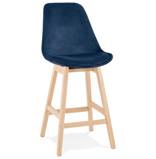 Tabouret snack MORISS MINI bleu velours & pieds bois naturel