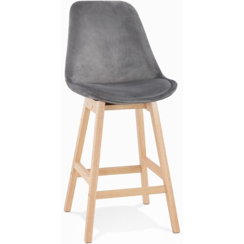 Tabouret snack MORISS MINI, velours gris, pieds bois nat.