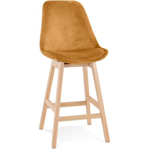 Tabouret snack MORISS MINI velours moutarde, pieds bois naturel