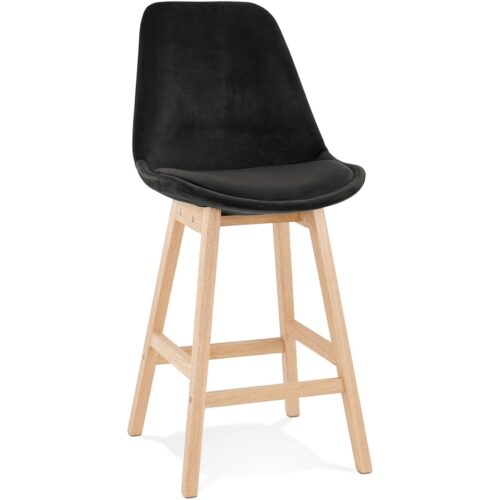 Tabouret snack MORISS MINI velours noir, pieds bois naturel