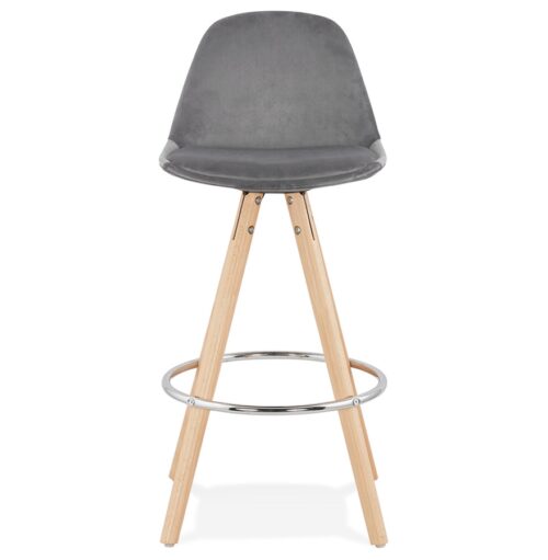 Tabouret snack SPIRIT MINI en velours gris avec pieds bois naturel 1