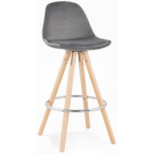 Tabouret snack SPIRIT MINI en velours gris avec pieds bois naturel