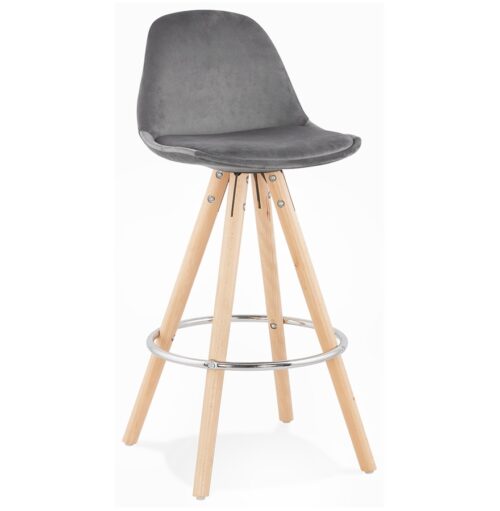 Tabouret snack SPIRIT MINI en velours gris avec pieds bois naturel