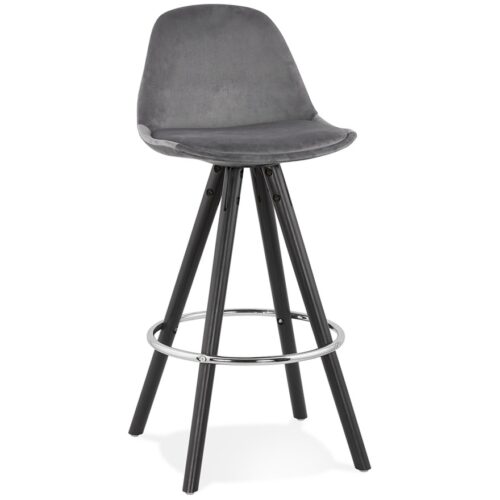 Tabouret snack SPIRIT MINI gris velours, pieds bois noirs