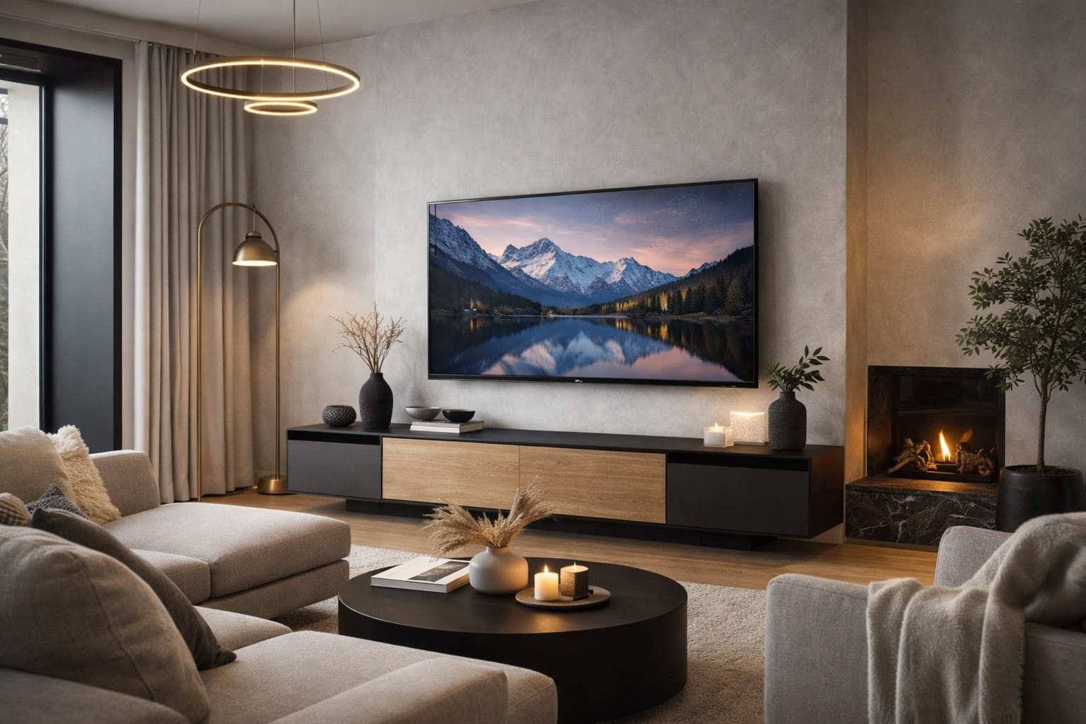 Décoration autour de la TV dans un salon au style moderne et dépouillé