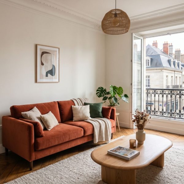 canapé design rouge dans un appartement à nantes