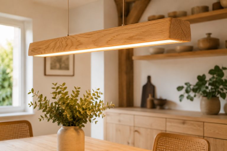 Luminaire à LED en bois naturel au dessus d'une table à manger design