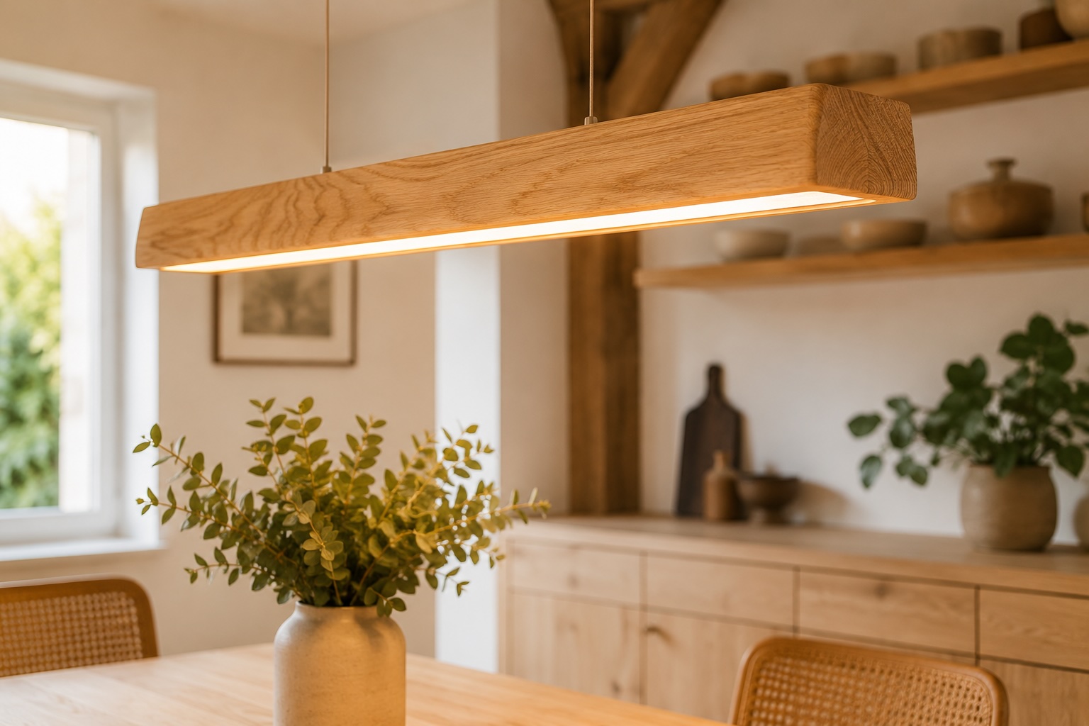 Luminaire à LED en bois naturel au dessus d'une table à manger design
