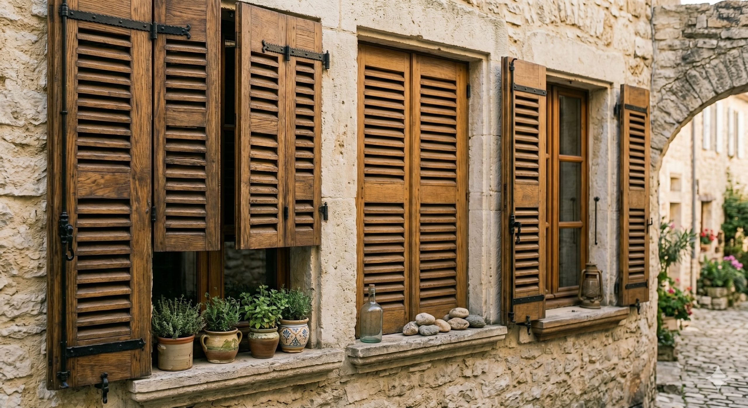 persiennes en bois façade en pierre