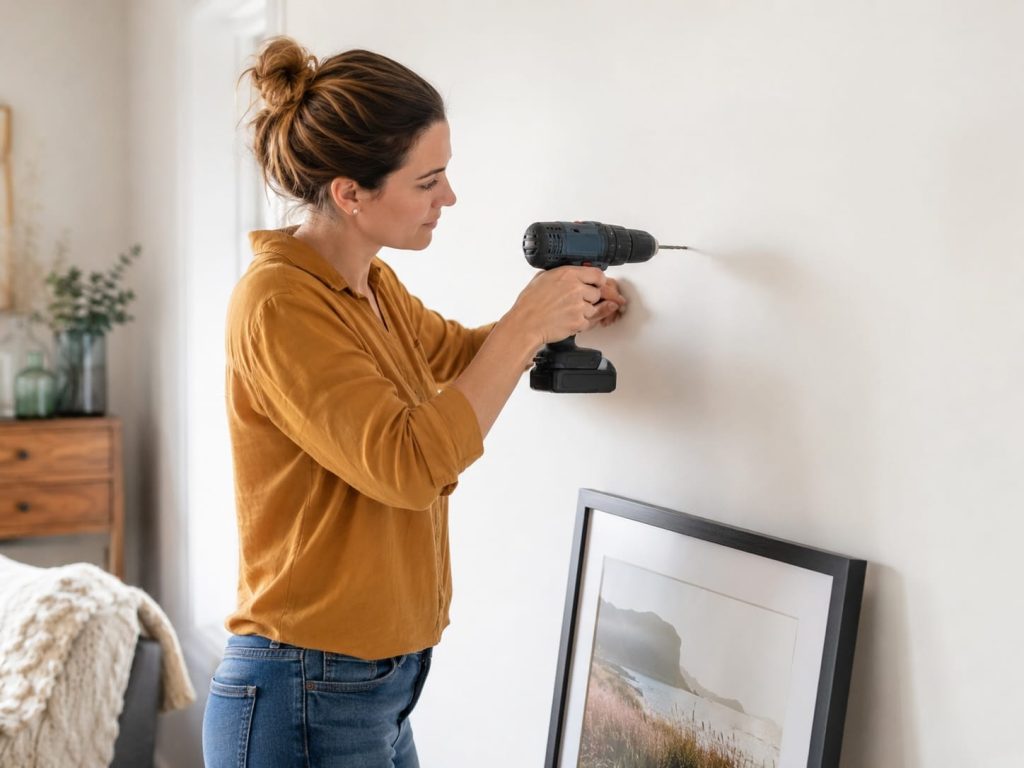 Femme en train de faire un trou dans un mur pour poser un cadre