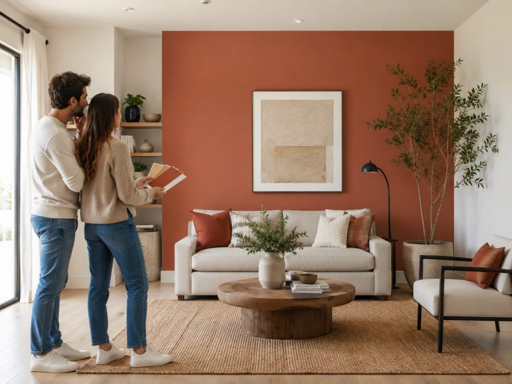 jeune couple qui choisi la couleur pour son mur accent dans la pièce de vie