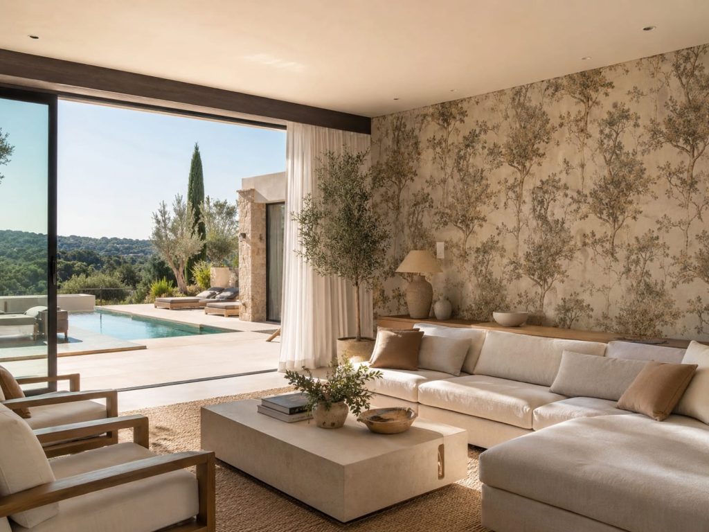 mur accent en tapisserie dans une pièce de vie dans une maison dans le sud de la France