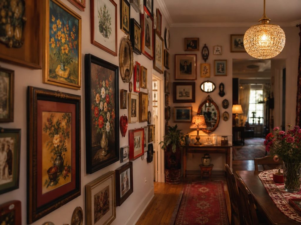 mur de cadres anciens dans un appartement parisien