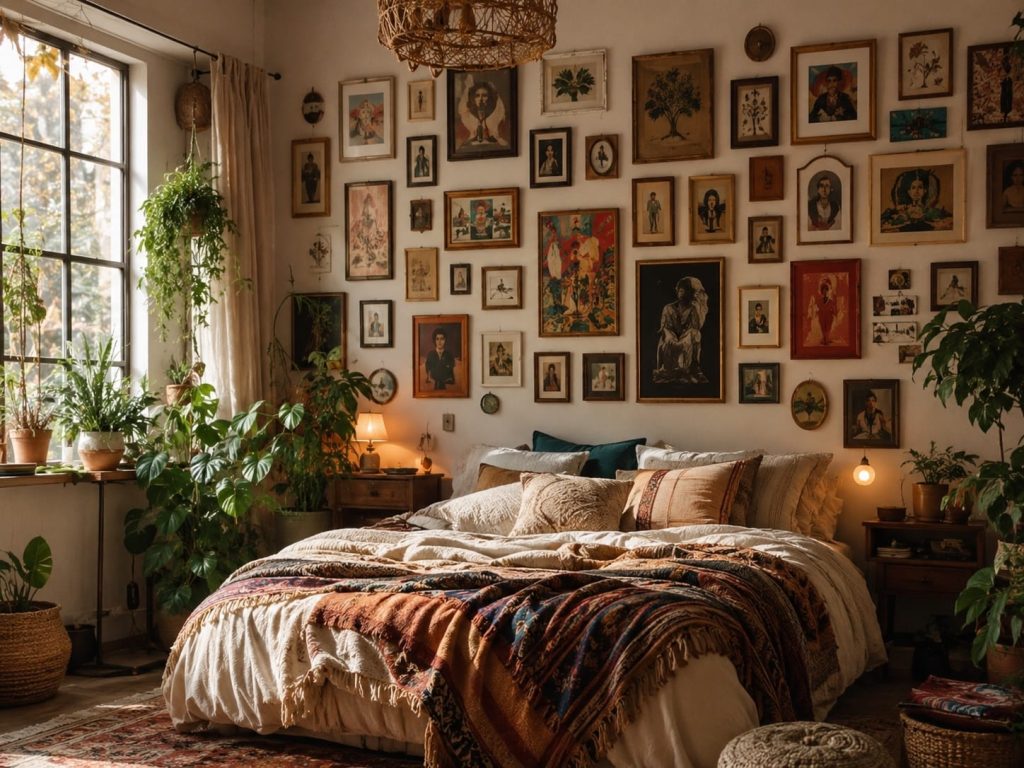 murs de cadres déco dans une chambre parentale